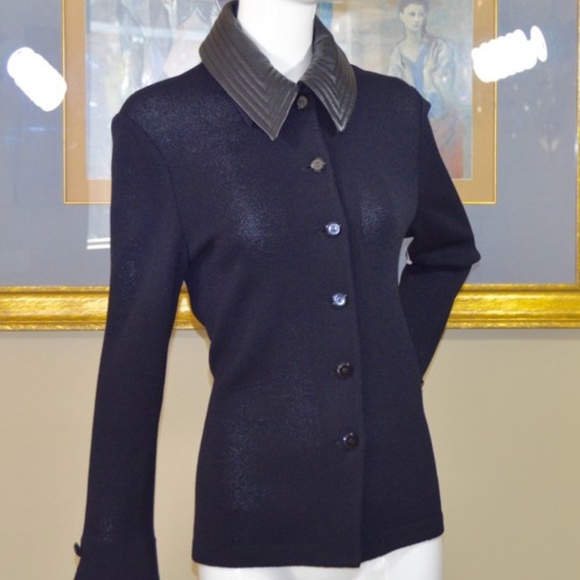 Black Lambskin Santana Knit  Blazer with removable leather collar - Picture 3 of 8